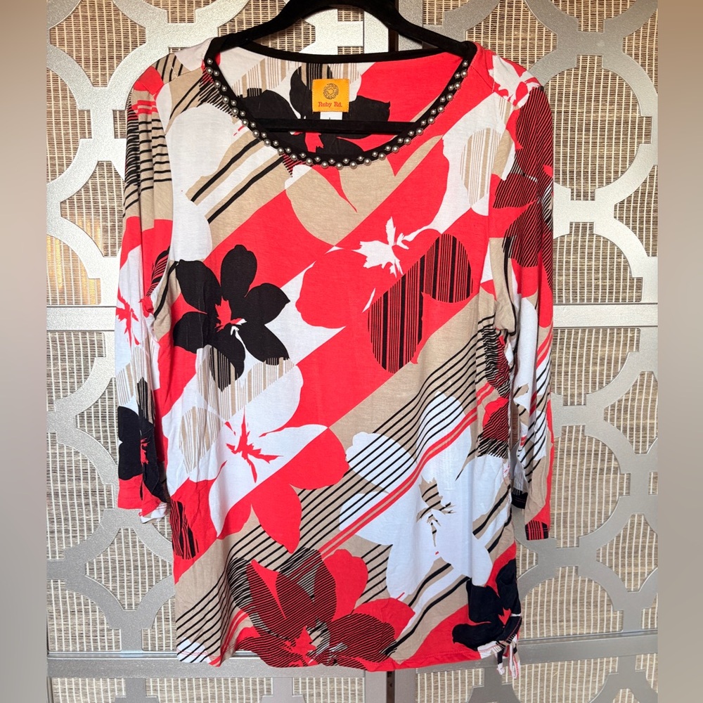 Ruby Rd. Red and Black Floral Blouse